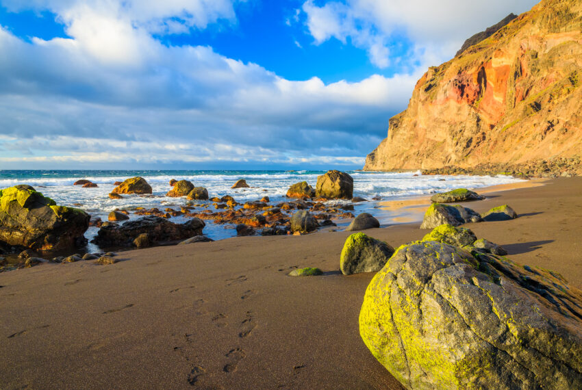 Rocks,On,Black,Sand,Volcanic,Beach,Playa,Ingles,At,Sunset